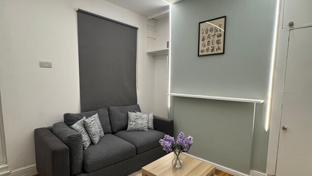 Un soggiorno moderno con un divano grigio, un tavolino in legno e un tappeto decorato.