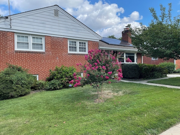 A red brick house with a grey roof, white windows, and a small garden with pink flowers.