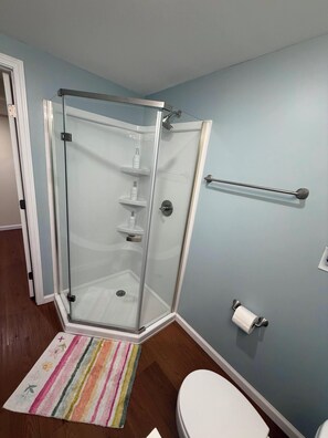 Shower, hair dryer, towels, soap