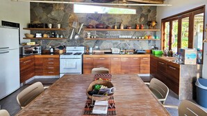 Une cuisine rustique avec un mur en pierre, des armoires en bois et un luminaire suspendu.