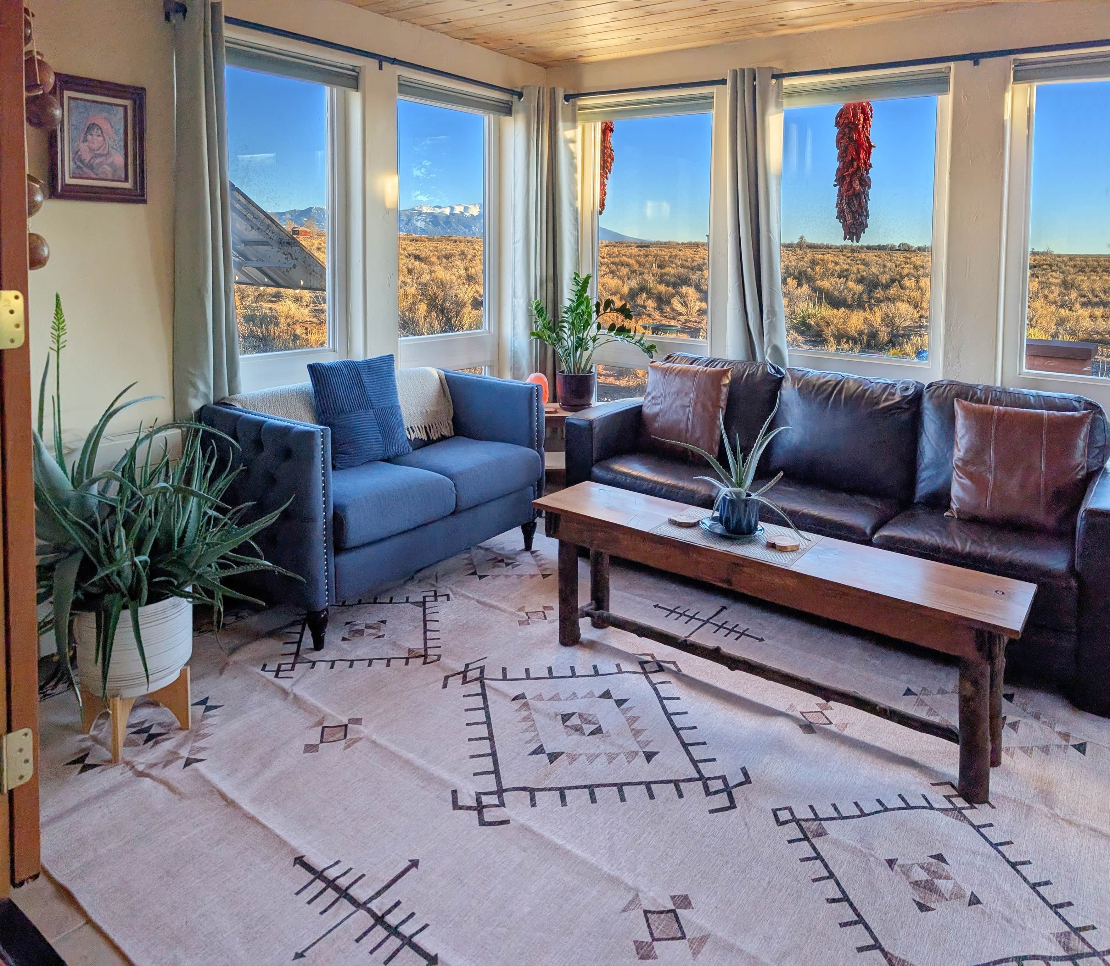 Smart TV, fireplace, books, stereo