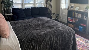 A bedroom with a large bed, a TV, a bookshelf, and a window with curtains. - Charming cottage in central Lafayette 8 min to Purdue (Lafayette)