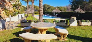 Outdoor dining - Holiday appartment, Las Ramblas Golf, balcony, solarium with pool and golf views (Orihuela)