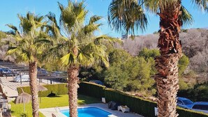 Un área de piscina con palmeras, cielo azul despejado y césped bien cuidado.