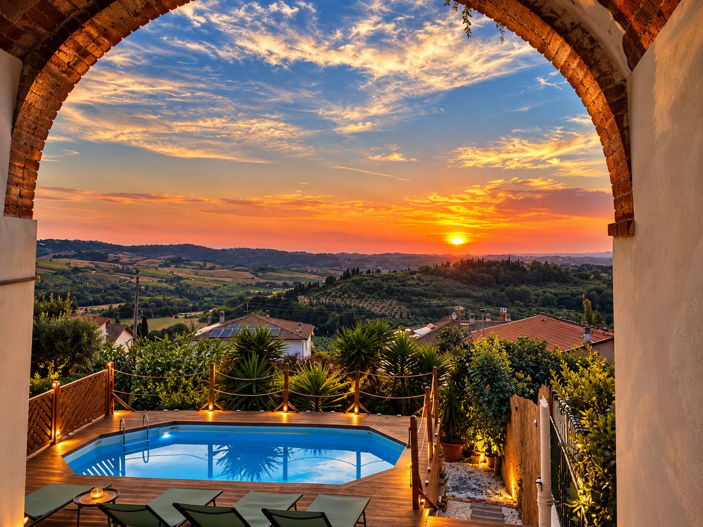 A swimming pool with a sunset view, surrounded by greenery and a wooden deck.