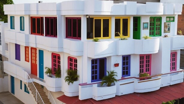 A multi-story building with colorful doors and windows, balconies with plants, and a staircase on the left. - Miami Beach Hostel (Cartagena de Indias)