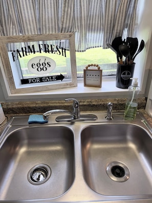 A kitchen sink with two faucets, a sponge, and a soap dispenser.