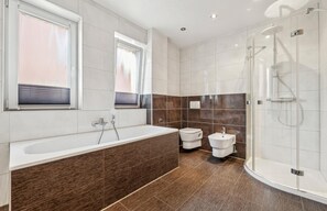 Shower, hair dryer, bidet, towels