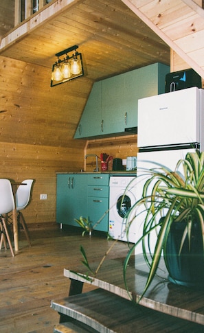 A wooden interior with a washing machine, cabinets, a hanging light fixture, and a potted plant.