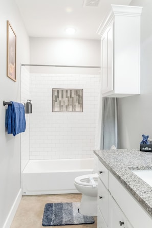 Shower, hair dryer, bidet, towels