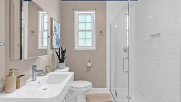 Hair dryer, towels, soap, toilet paper