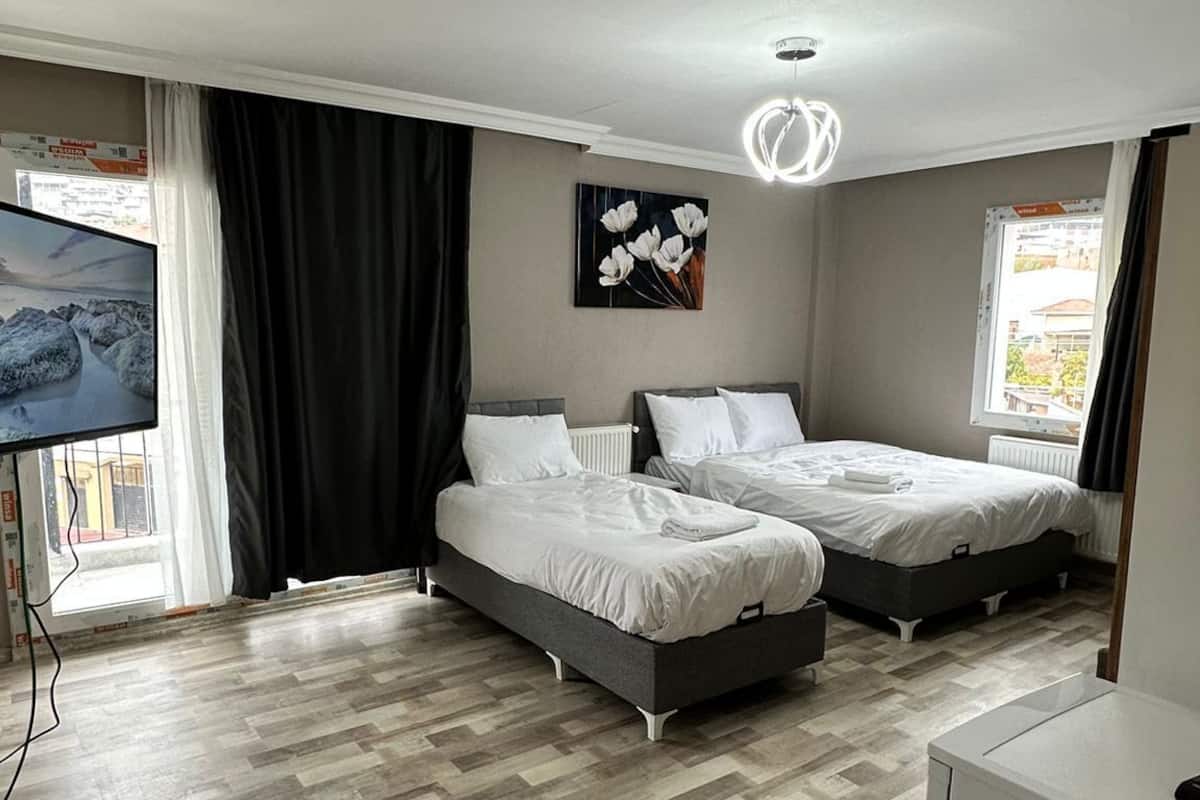 Ein modernes Schlafzimmer mit zwei Betten, einem Flachbildfernseher und einer kleinen Küchenzeile.