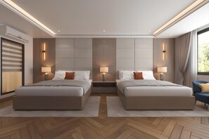 A modern hotel room with two beds, a large window, and a herringbone wood floor. - Binh Minh Sapa Hotel (Sa Pa)