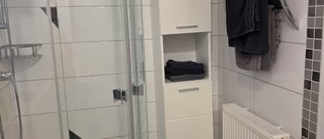 Hair dryer, towels, toilet paper