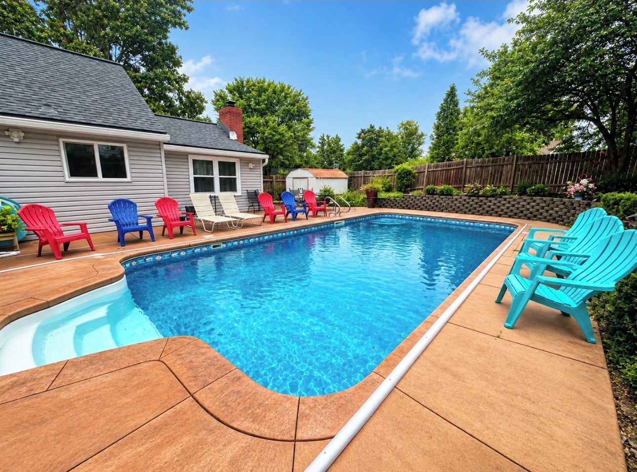 Une piscine avec une terrasse carrelée, entourée de fauteuils Adirondack, et une maison en arrière-plan.