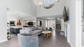 Smart TV, fireplace, video games, stereo