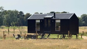 A modern, dark-colored cabin with a metal roof, large windows, and a fenced outdoor area with a picnic table and chairs. - Relaxing countryside retreat with friendly sheep neighbours and nature views! (Elsham)