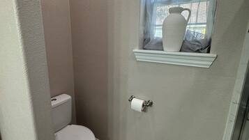 Een badkamer met toilet, douche en raam met gordijn.