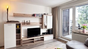 TV, bøker og stereoanlegg