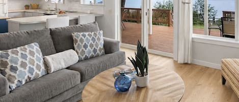 Smart TV, chimenea, libros, biblioteca de música