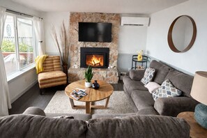 Smart TV, chimenea, libros, biblioteca de música