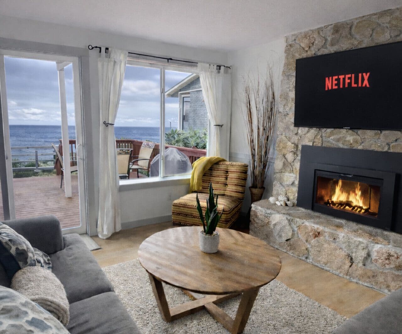 Smart TV, fireplace, books, music library