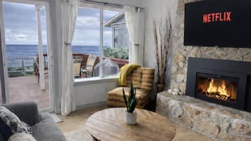 Smart TV, fireplace, books, music library