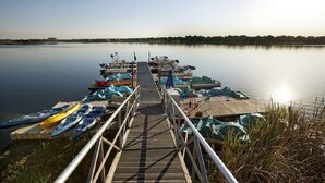 Eine hölzerne Anlegestelle, die ins ruhige Wasser führt, mit Kajaks und Stand-Up-Paddles, die darauf gelagert sind.