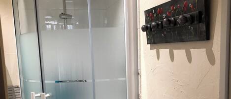 Shower, hair dryer, towels, toilet paper