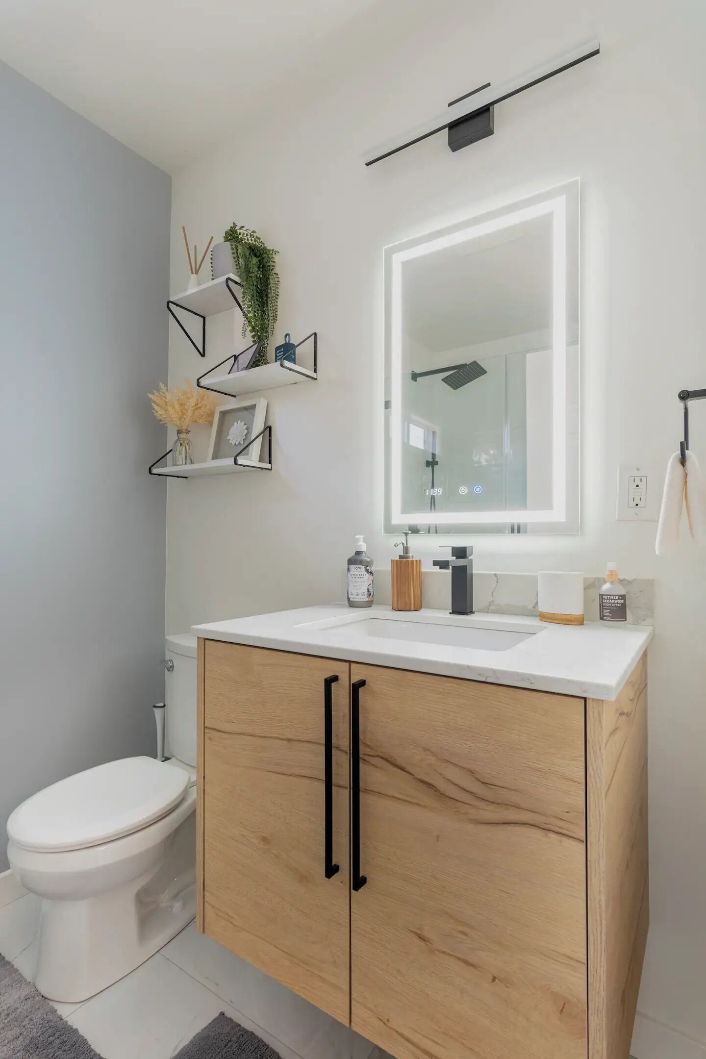 Shower, hair dryer, bidet, towels