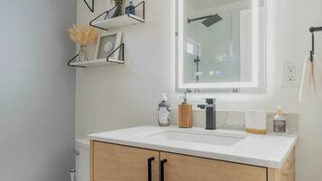 Shower, hair dryer, bidet, towels