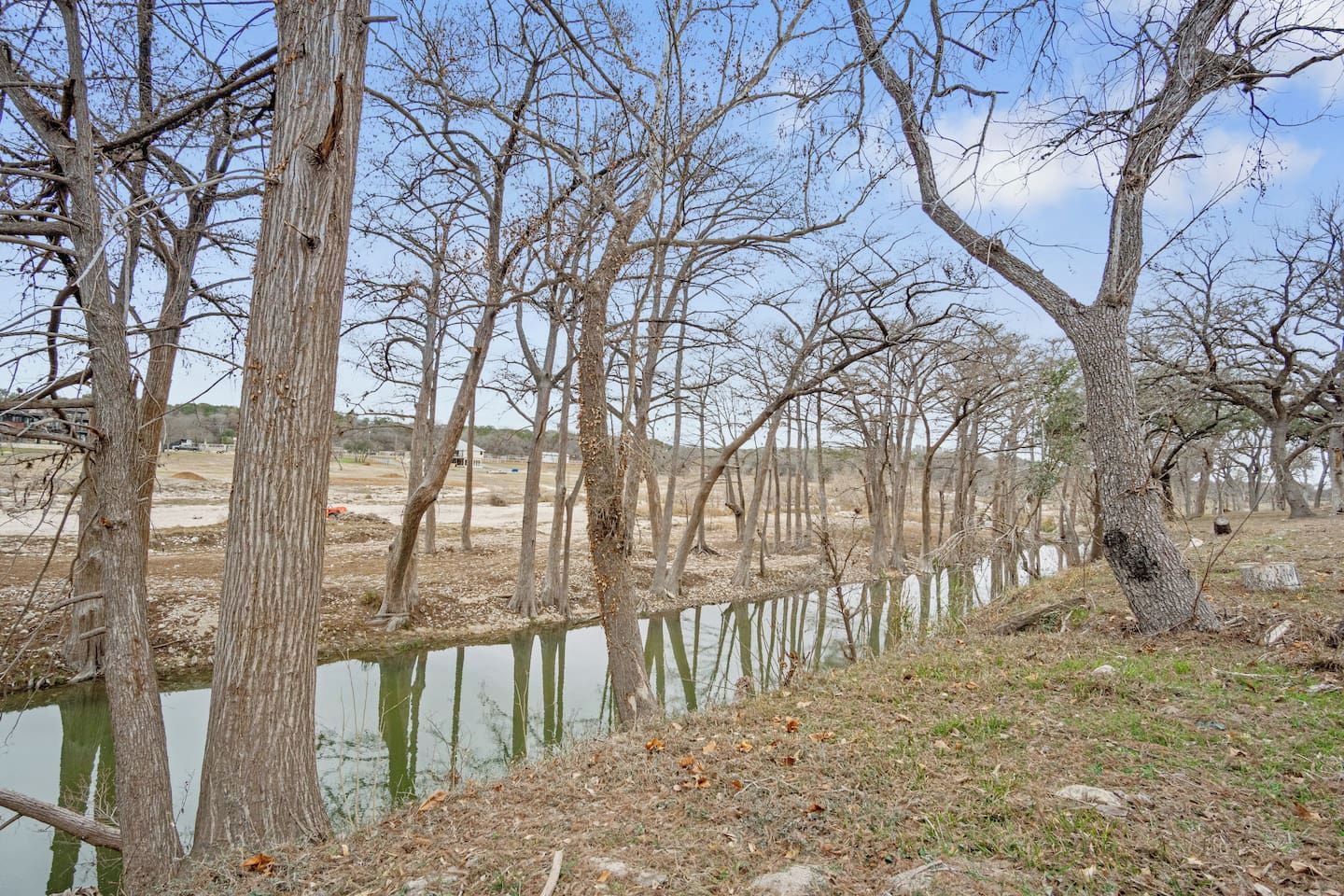 A natural landscape with a body of water, trees, and a distant building.