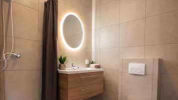 Ducha, secador de pelo, toallas y papel higiénico