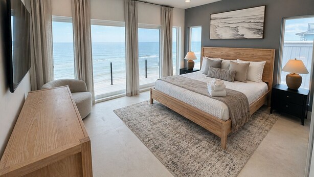 A modern bedroom with a large bed, a desk, a chair, and a view of the ocean.