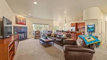 Smart TV, fireplace, table tennis, books