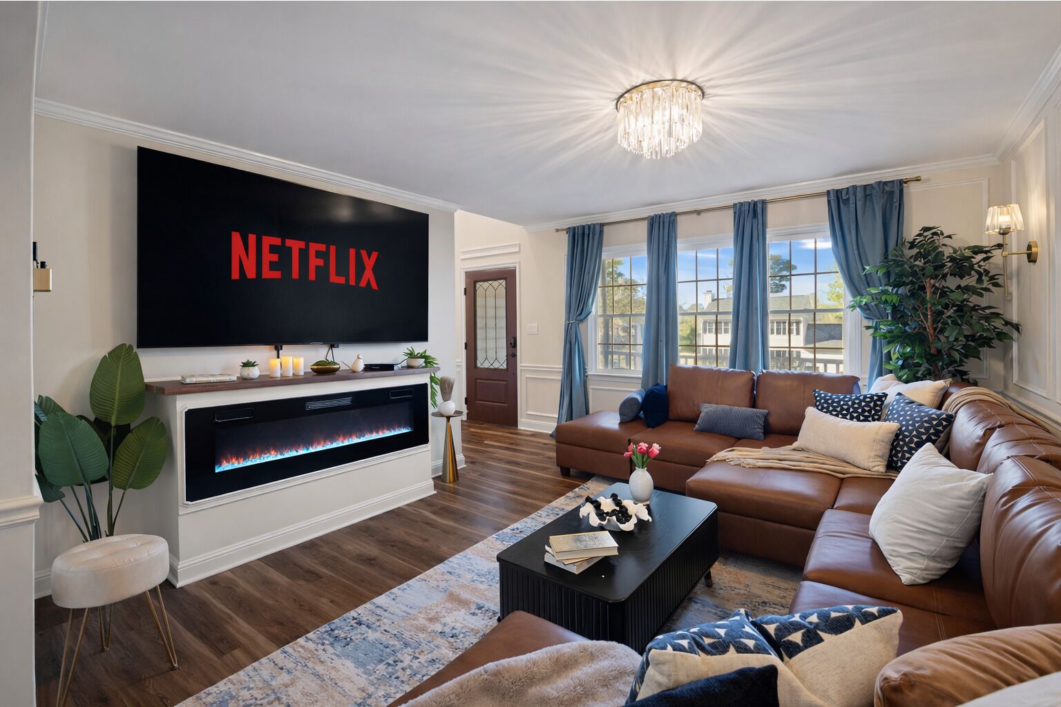 Smart TV, fireplace, books