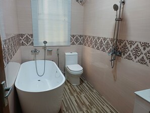 Regadera, secadora de cabello, toallas, jabón 