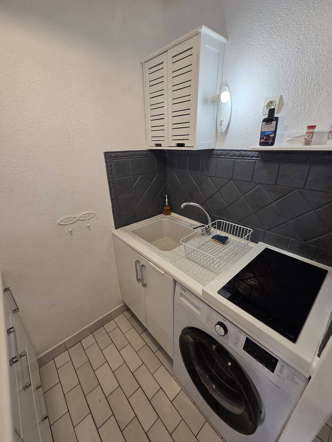 Une petite buanderie équipée d’un lave-linge, d’un évier et d’un étendoir.