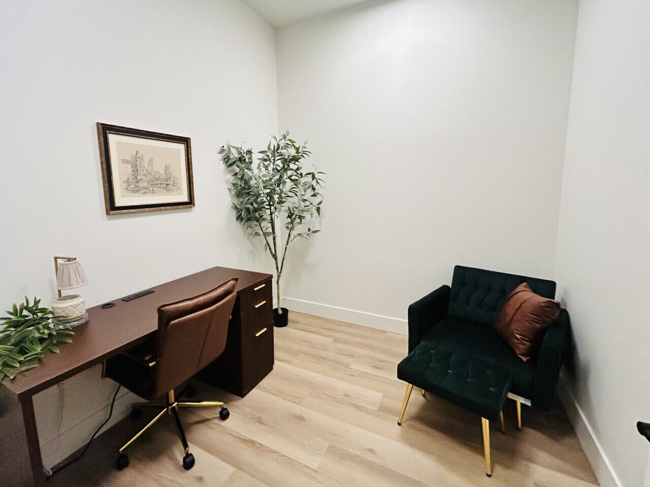 A room with a desk, chair, potted plant, and a framed picture on the wall.