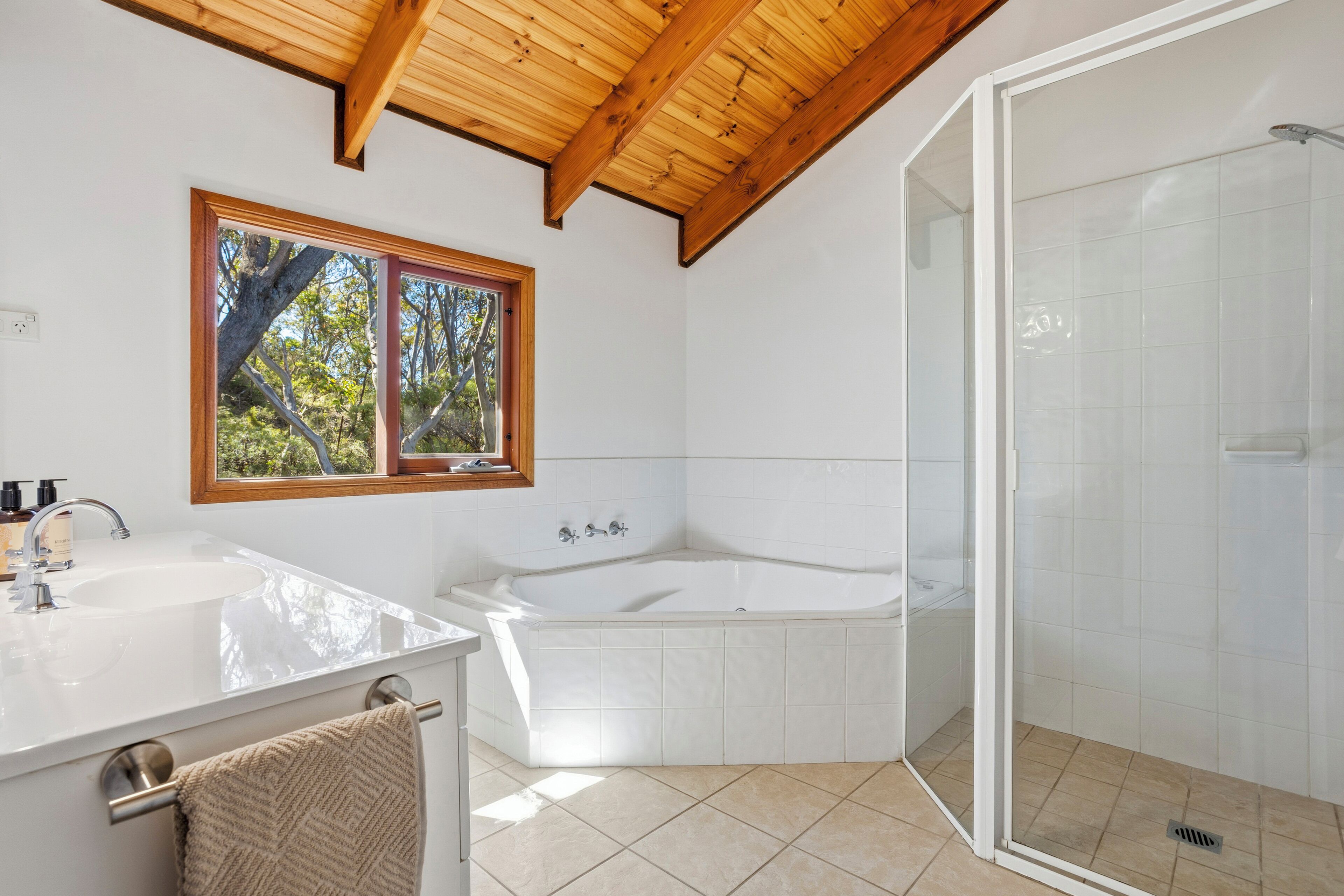 Shower, jetted tub, hair dryer, towels