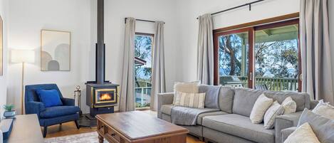 Una Smart TV, una chimenea, libros, un reproductor estéreo