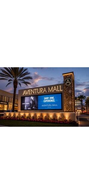 The exterior of Aventura Mall with a large illuminated sign, palm trees, and a clear sky. - Stay Near the Action - FIFA Hard Rock Stadium & Beaches (Miami)