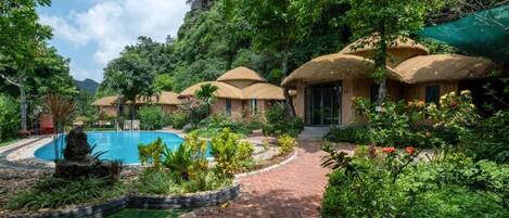 Outdoor pool, pool umbrellas, pool loungers