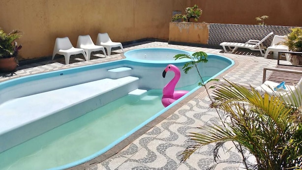 Een zwembad met een roze flamingo drijvend, omringd door witte ligbedden en potplanten.