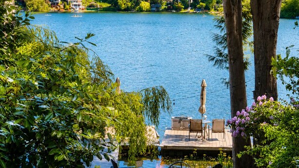 A lakeside deck with outdoor seating and a fire pit, surrounded by dense forest and a clear view of the lake.