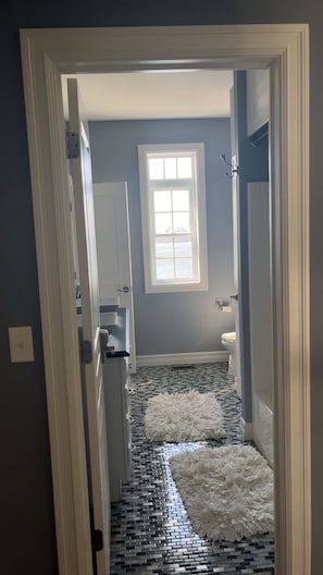 Hair dryer, towels, soap, toilet paper