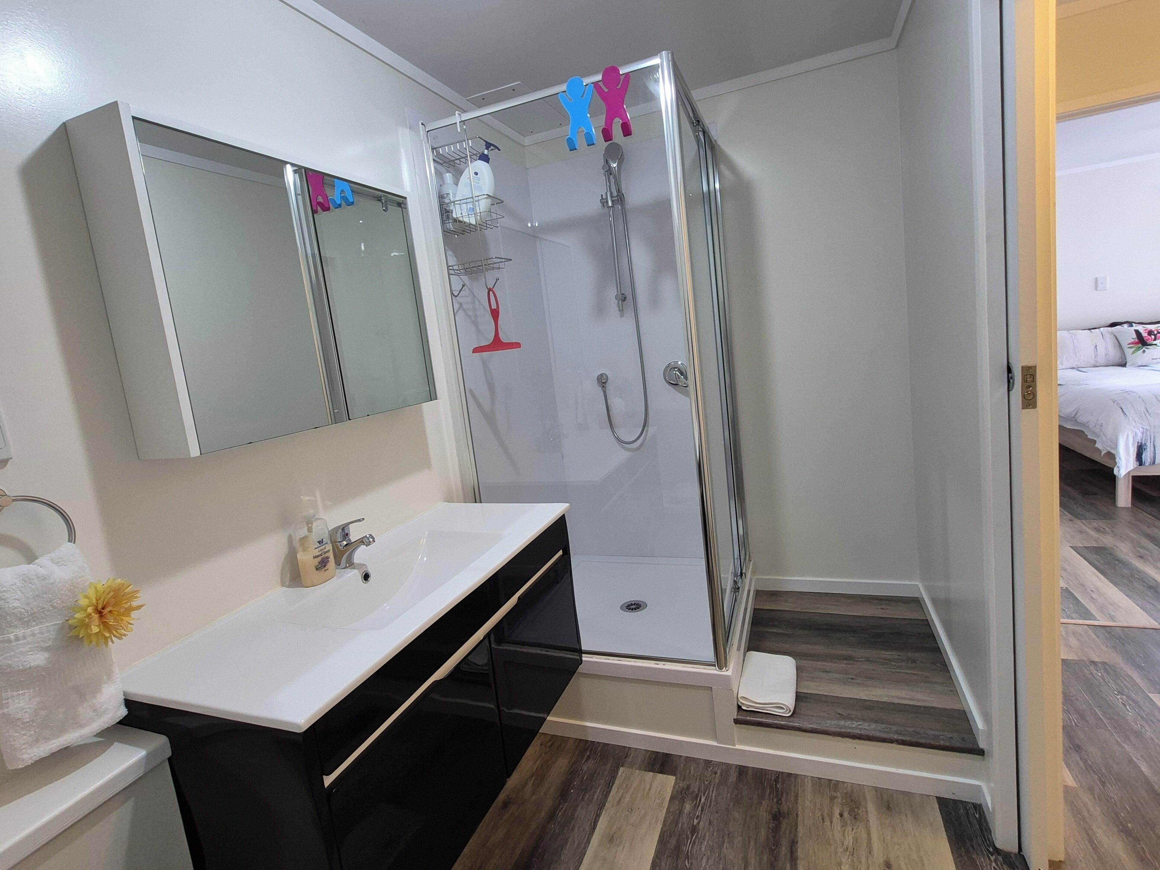 Shower, hair dryer, towels, soap