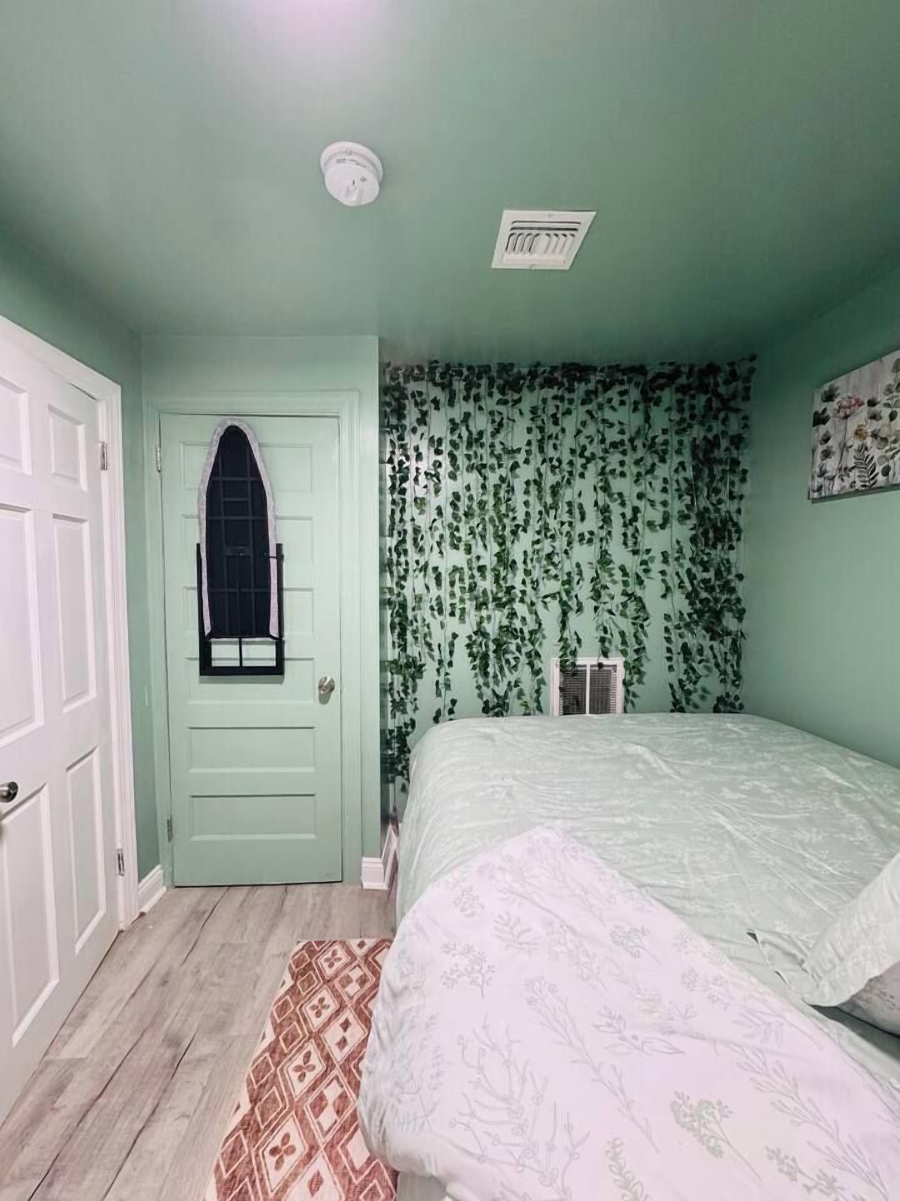 Une chambre avec une porte verte, un lit recouvert d’une literie à motifs, un radiateur et un mur orné de plantes suspendues.