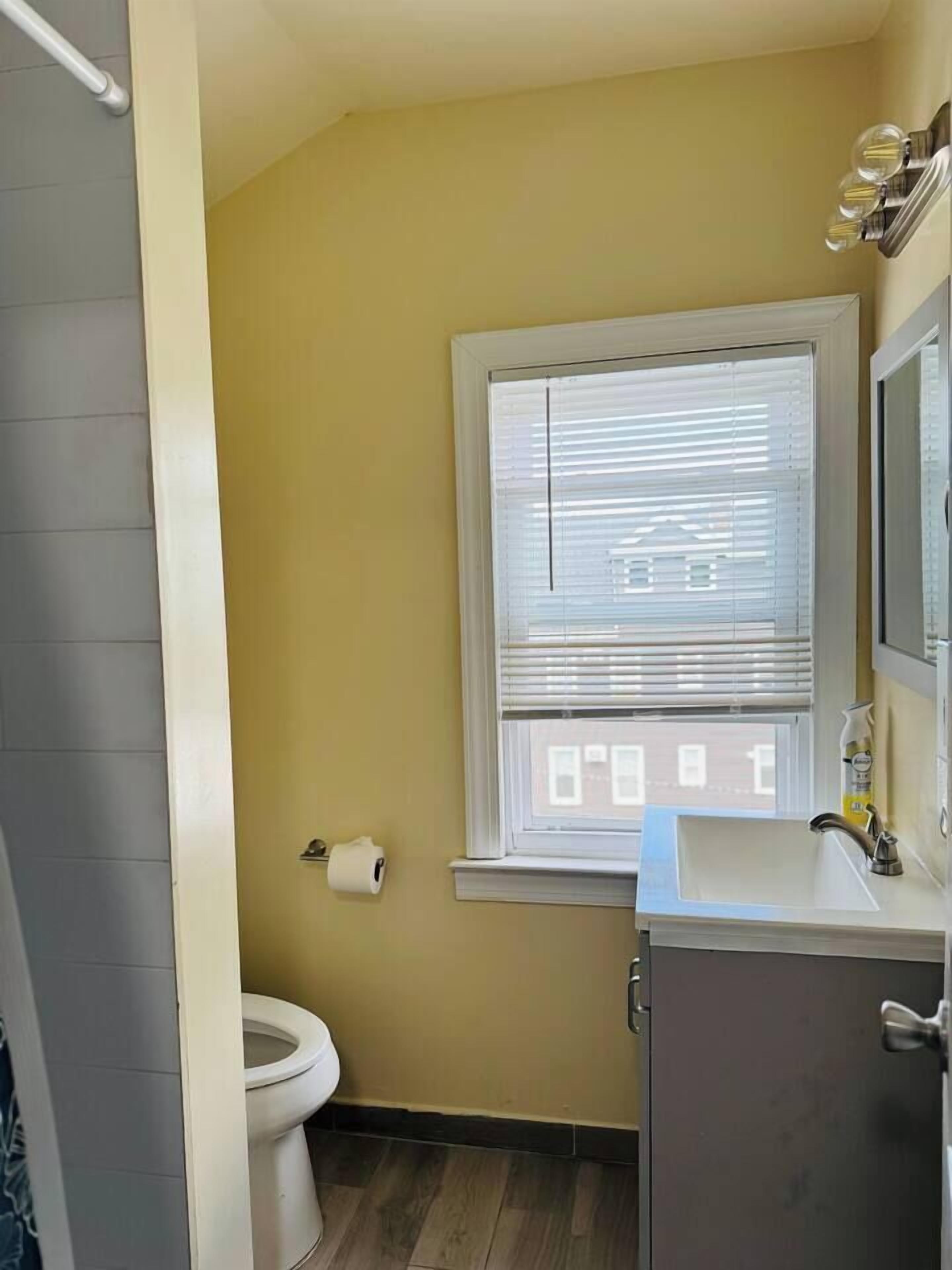 A bathroom with a toilet, a sink, a window with blinds, and a mirror.