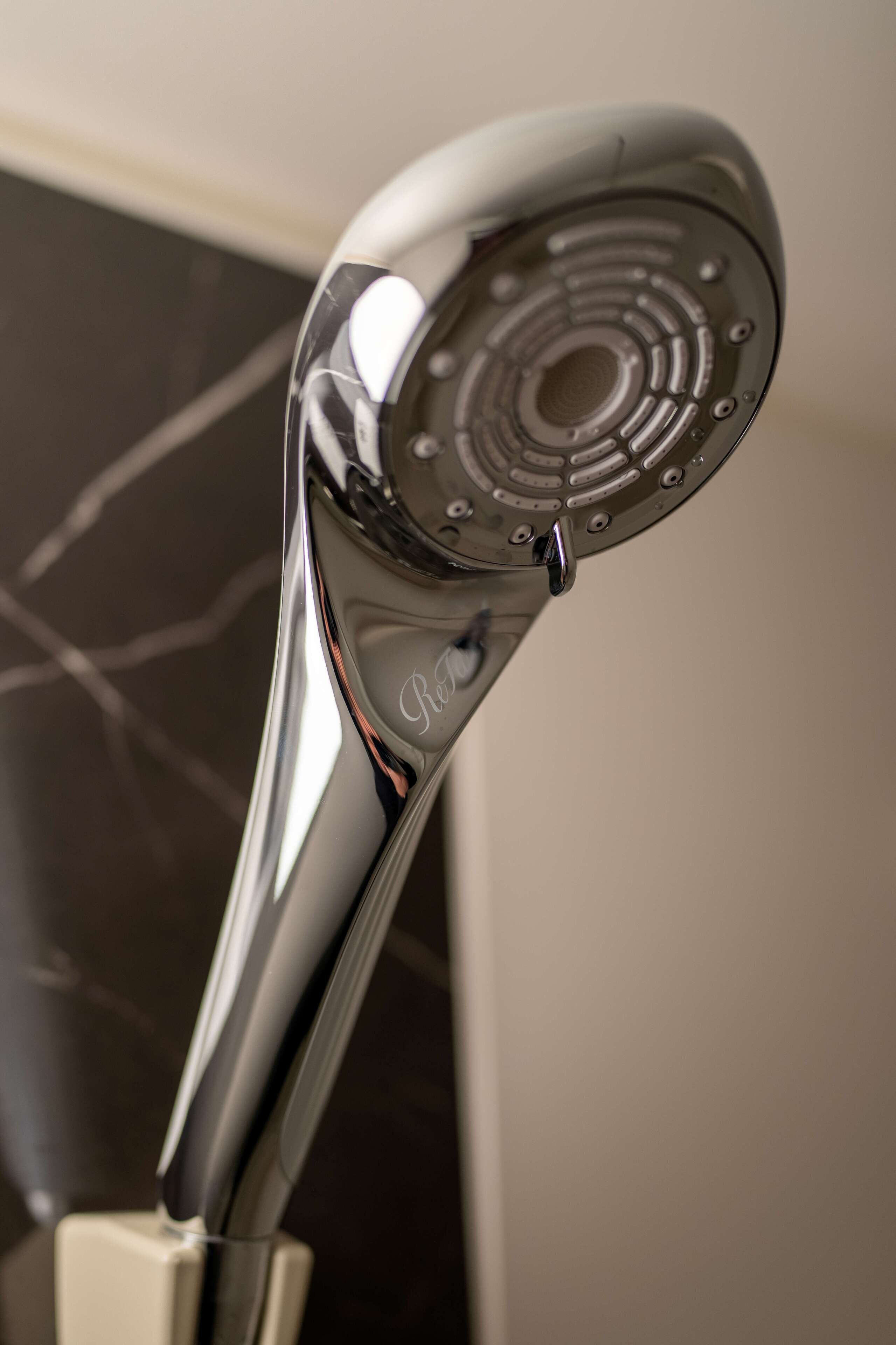 A chrome showerhead with a circular spray pattern.